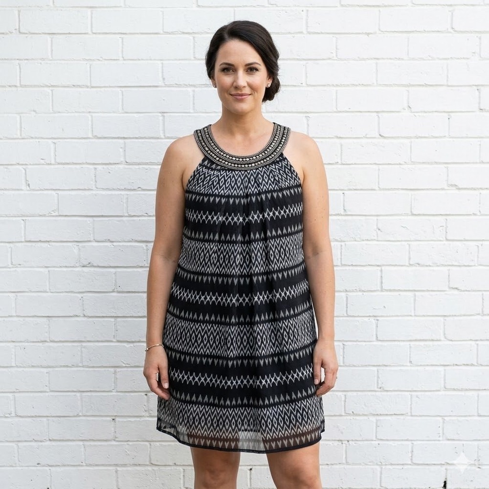 E-vie Beaded Neckline Shift Dress Womens 14 Black Geometric Ikat‎ Print Mini